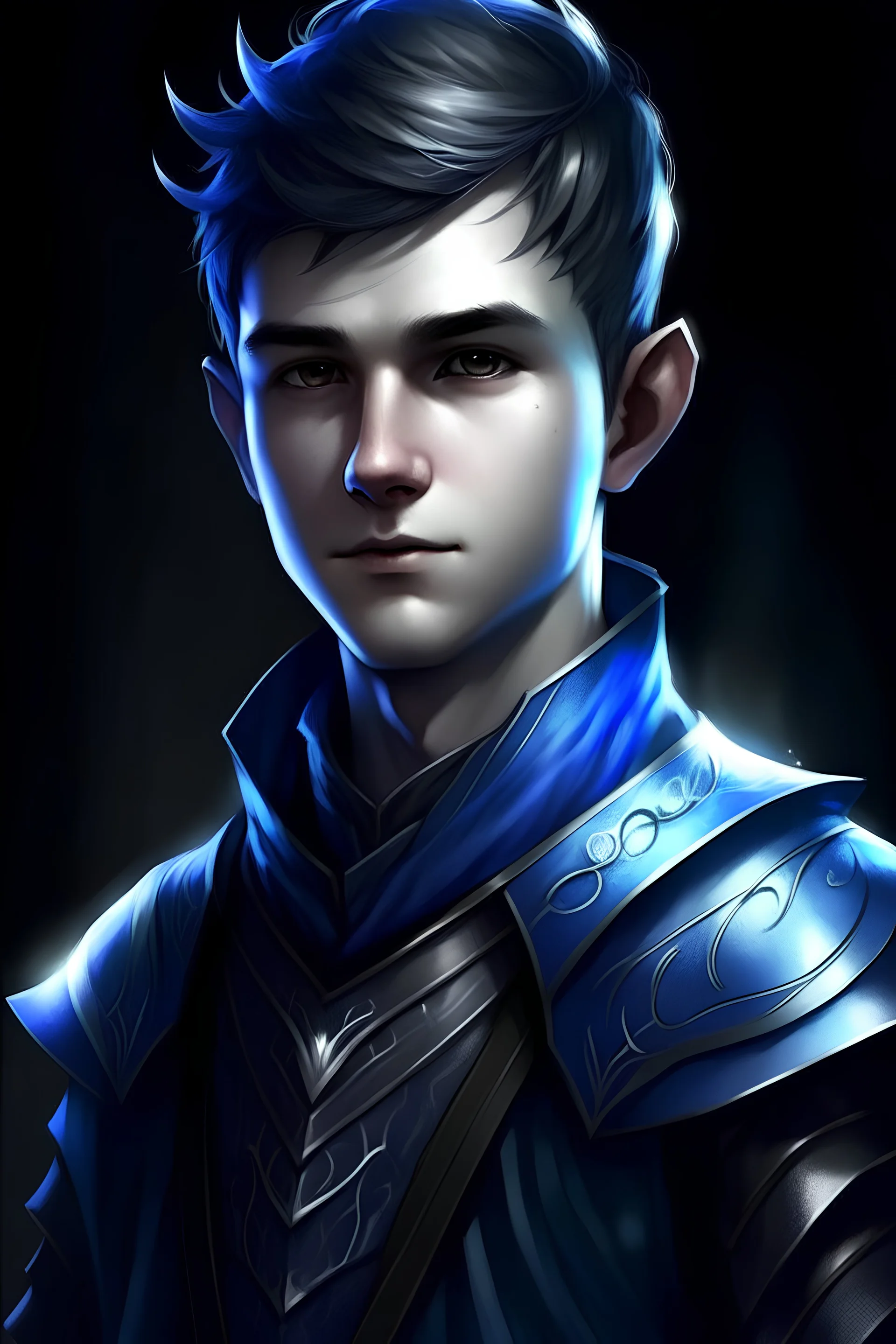 create a young male water genasi from dungeons and dragons, dark short hair, undercut, dark blue eyes, bright skin, wearing vestments, realistic, digital art, high resolution, strong lighting