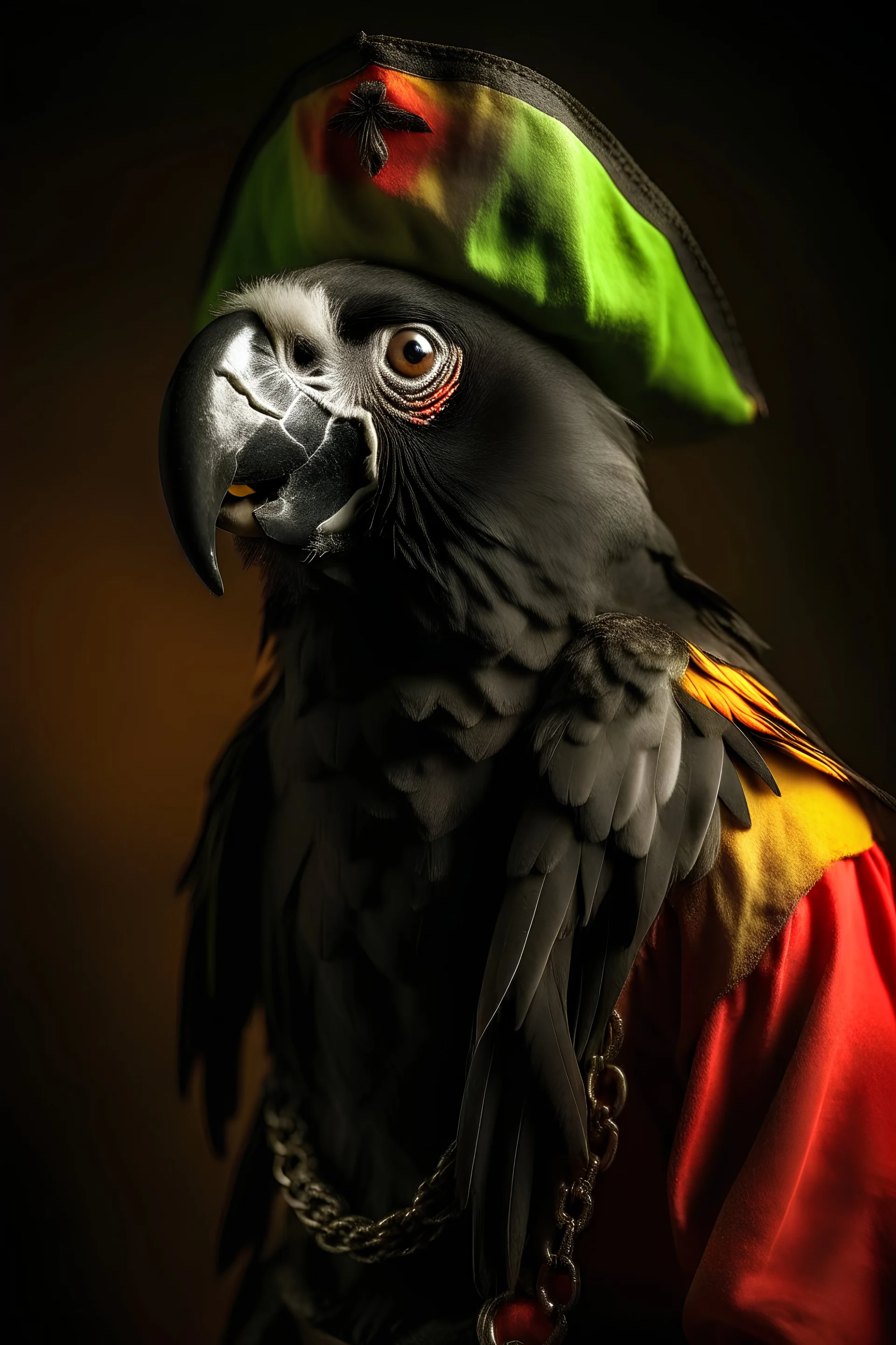 Old black pirate missing his left eye and a parrot on his shoulder