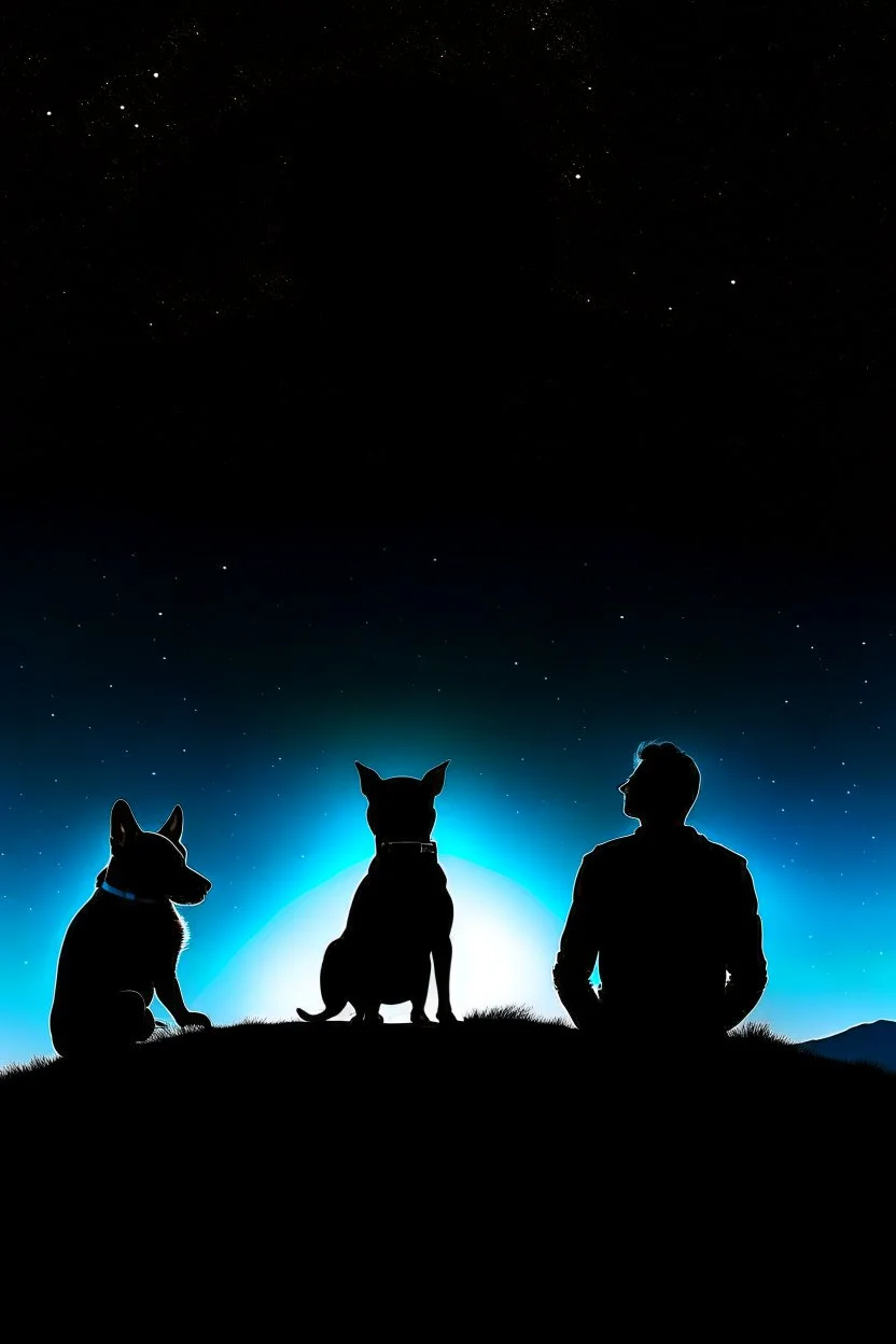 black background on a mountaintop and three silhouettes of a fit man, a silhouette of a fit woman, and silhouette of a Belgian malinois sitting next to the men and the woman looking at the stars