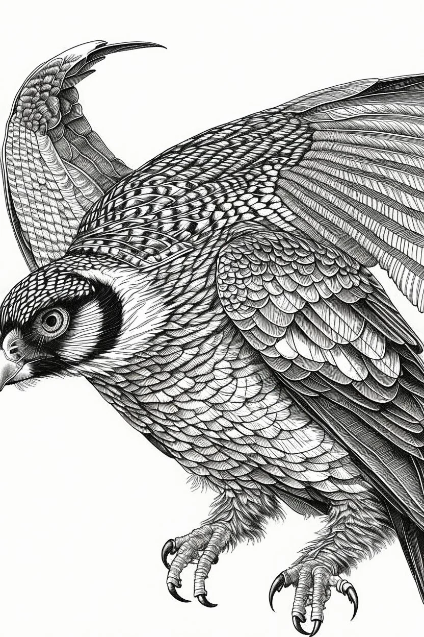 "Create an AI line art piece featuring the Peregrine Falcon, half body short, one of nature's fastest and most agile predators. Capture the bird in flight, showcasing its incredible speed and grace. Highlight the intricate details of its feathers and the intensity in its eyes, embodying the essence of this magnificent raptor."
