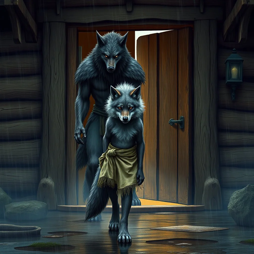 fantasy digital art of young anthro wolf in gray hairy wolf body and wears just a short canvas rag around her waist , sadly face in the rain front the door, behind her an tall angry anthro dark hairy wolf man and kicks her out the door, behind in rustic halb open door in an massive wooden house, deep colors, rainy day, detailed, anthropomorphic creatures, fantasy, sci-fi mood