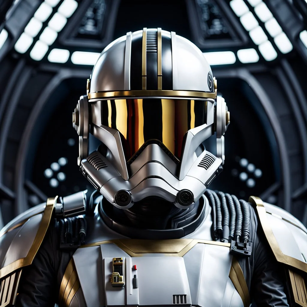 star wars bald male corellian pilot wearing gunmetal grey and black First Order TIE pilot armored flightsuit and helmet with gold trim inside the jedi temple, centered head and shoulders portrait, hyperdetailed, dynamic lighting, hyperdetailed background, 8k resolution, volumetric lighting, light skin, fully symmetric details