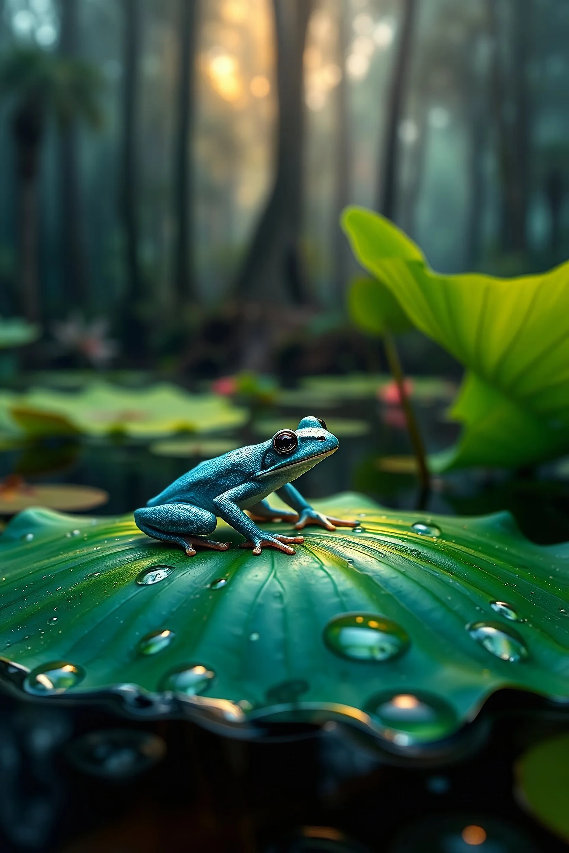 Very realistic detailed photo. sitting on a lotus leaf a tree blue frog floating on water with raindrops, surrounded by bright colours and fantasy style reflections. The background is an enchanted forest at night. Detailed professional photography with intricate details and soft lighting. sharp focus, intricate details, high detail, 60mm film texture, Hasselblad shooting style, magazine quality