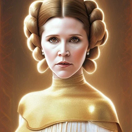 hyperspace background, complete and photo realistic detailed head to waist stunning photo realistic portrait of carrie fisher as Princess Leia in star wars with photo realistic updo hair by Mandy Jurgens and mucha and Richard Schmid and chuck close and chie yoshii, extraordinary and detailed ceremony dress of star wars,brown eyes