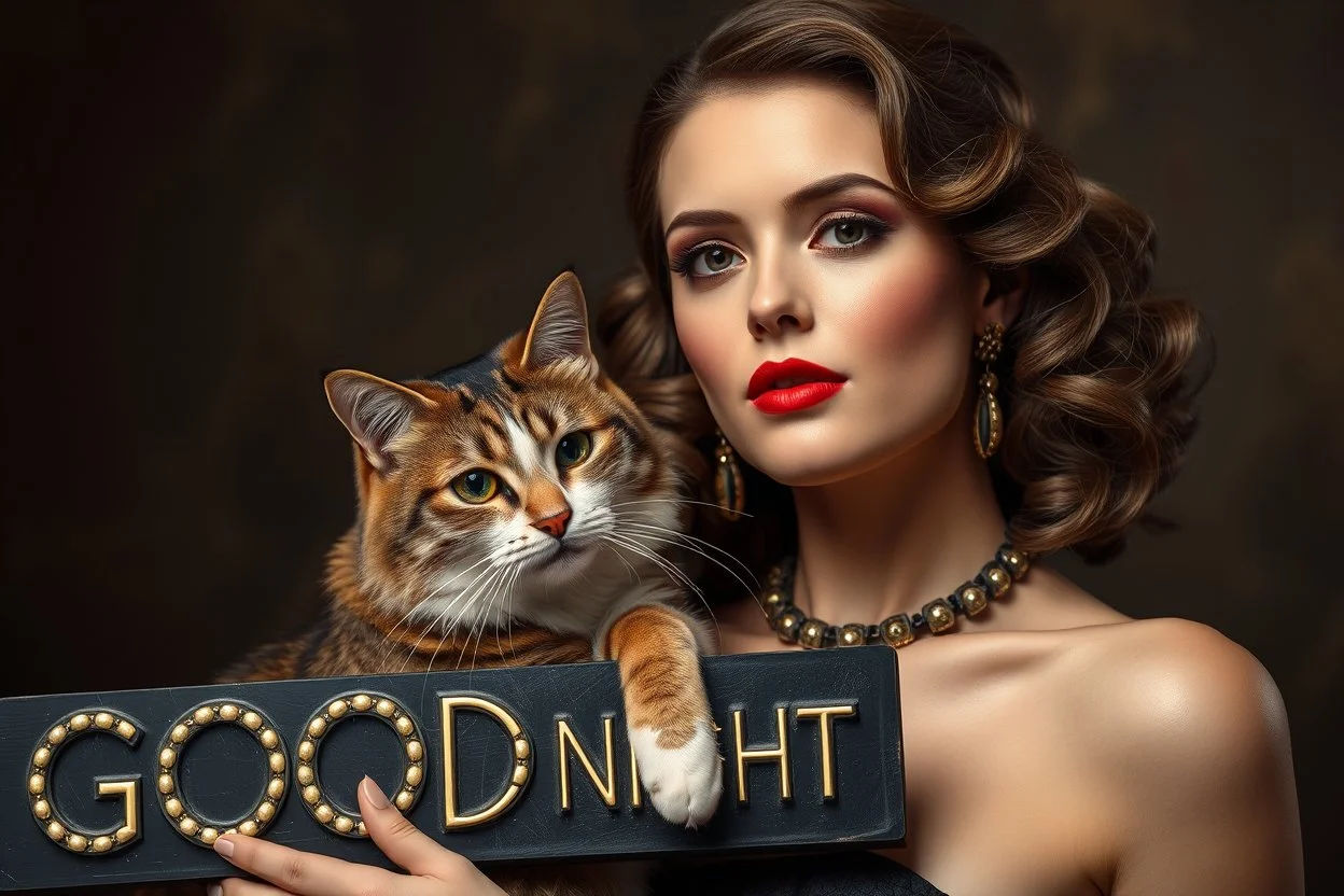 photo, portrait of a beautiful art deco woman with a cat, sign "GOOD NIGHT"