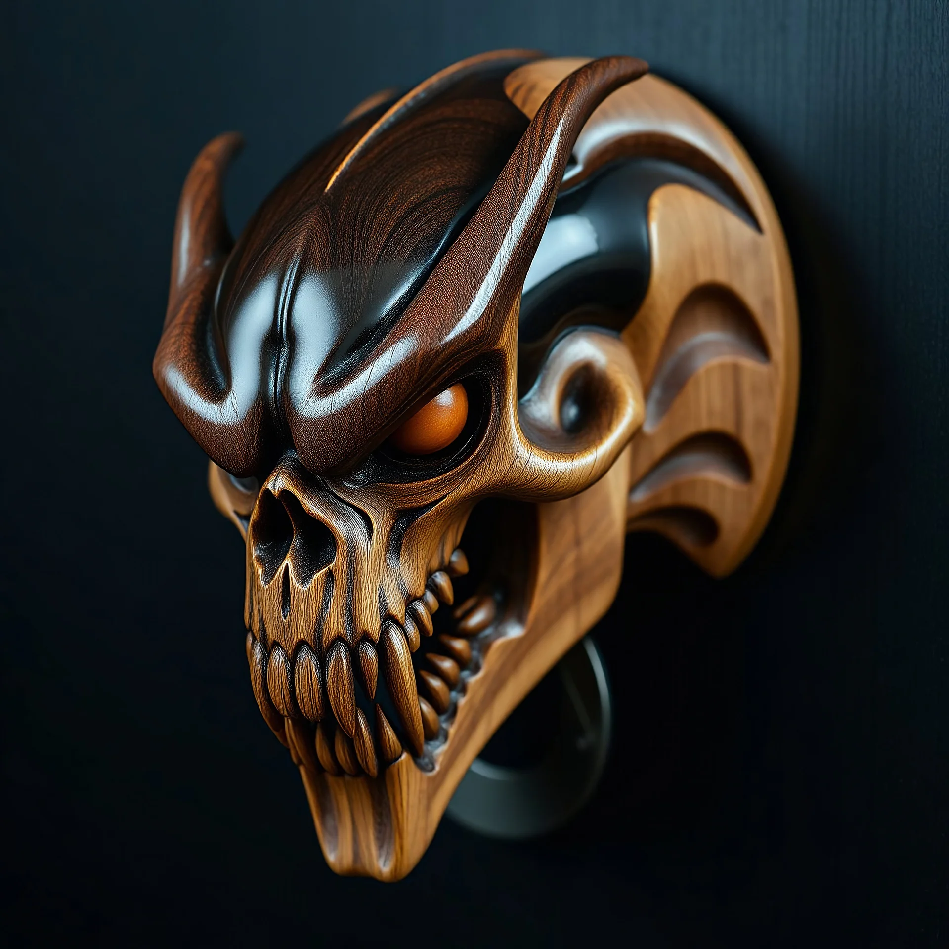 wooden sculpture of a dark, otherworldly creature head with a monstrous appearance. The creature head has a glossy texture and a sleek, light wood finish. It has a alien devil monk skull-like face with closed mouth and elongated fangs. The sculpture is handcarved in old birch wood as magnetic bottle opener for fridge. The background is atudio dark blue-black. The color palette features deep blue faded blacks and gold, The lighting accentuates the golden accents and reflective surfaces.