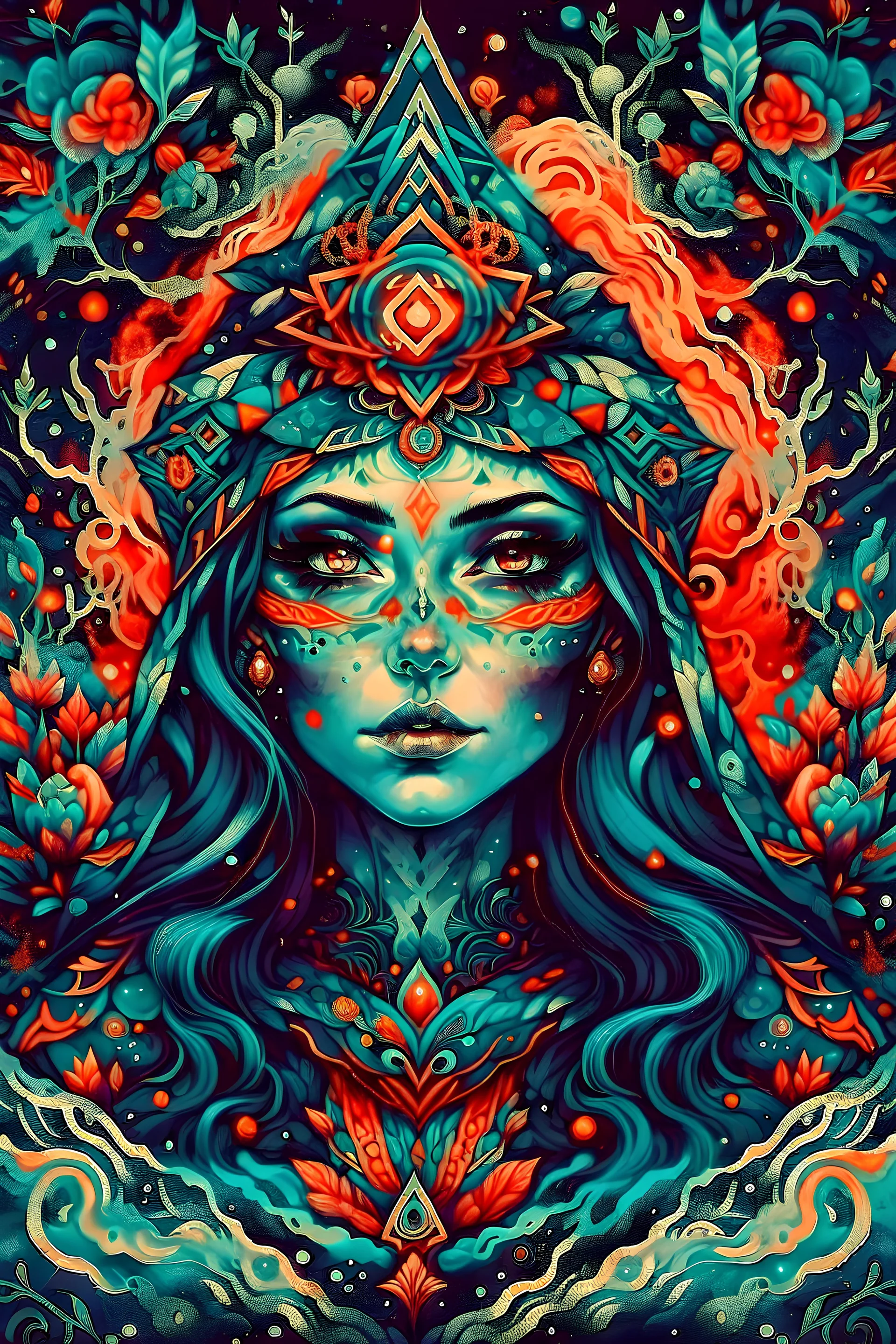 create an abstract impressionist, ethereal, darkly magical lithographic print illustration of an epic female Andalusian sorceress with highly detailed and deeply cut facial features