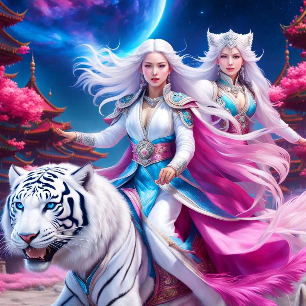 (masterpiece, best quality, 8k, RAW photo, beautiful and aesthetic:1.2), complex detail, Indirect light, photorealistic, (((full body))), 2 Gorgeous Cosmic asian goddess smiling, long white hair, blue eyes, Mixed, sci-fi and traditional asian outfit with pink velvet and white furs, riding a white tiger who is running in a colorfull snowy landscape with bokeh