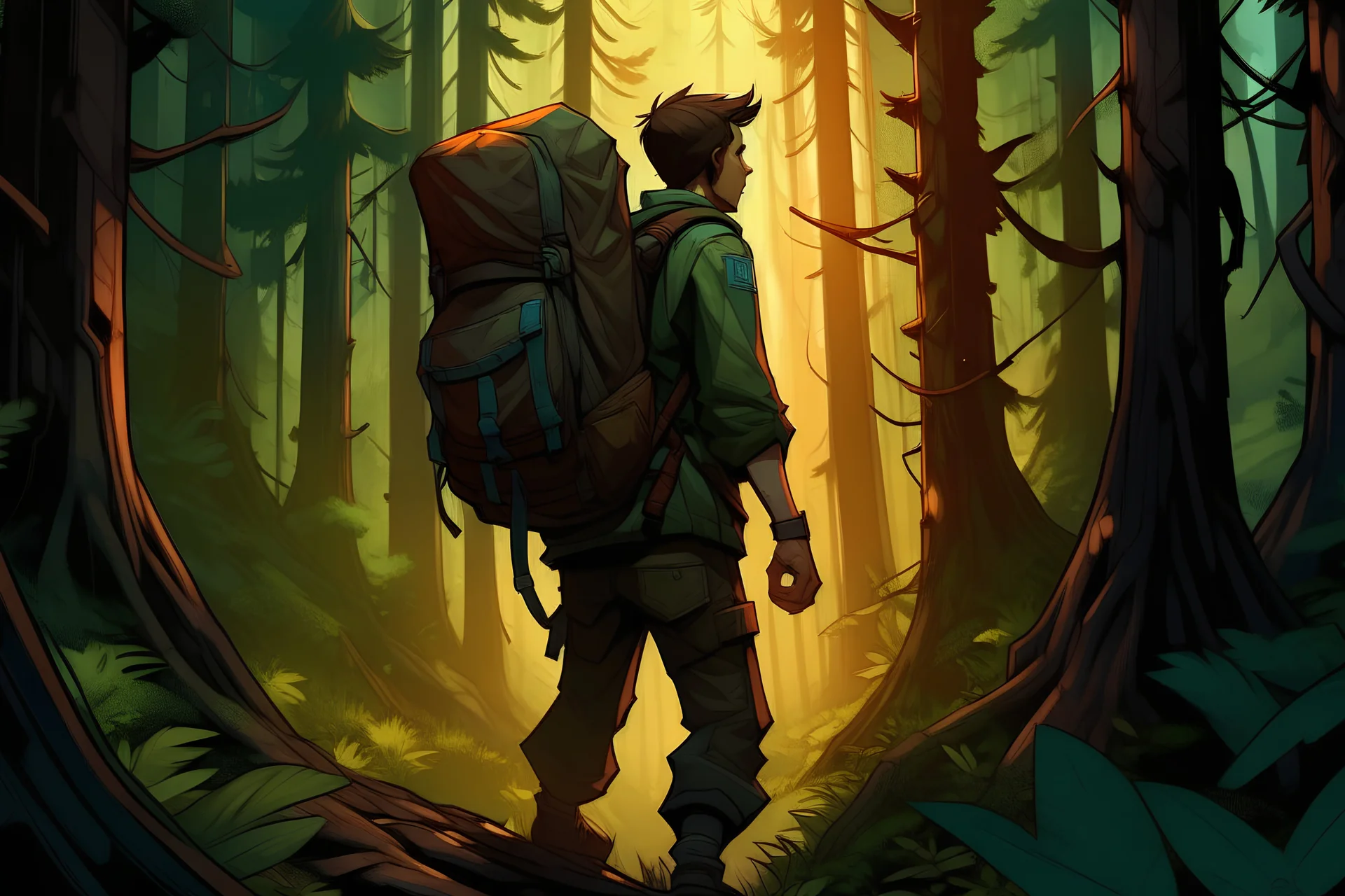 a video game cover that features a sweaty man wearing a backpack as he ventures through the atrocious forest