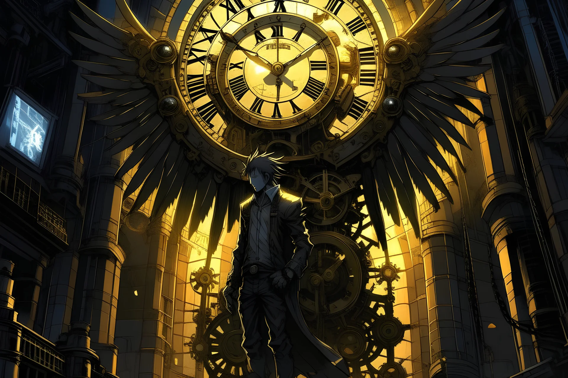 cyberpunk anime man with angel wings that are black standing in a clock tower made of gold with cogs ticking