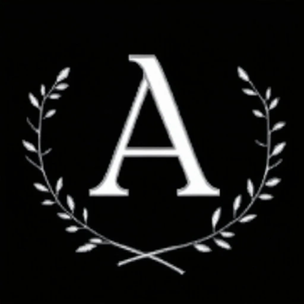 2 branches(crossed at bottom, arching upward in a wreath, delicate hand drawn outline linework, romantic), Letter A in Middle or wreath, sharp image, white vector on black background