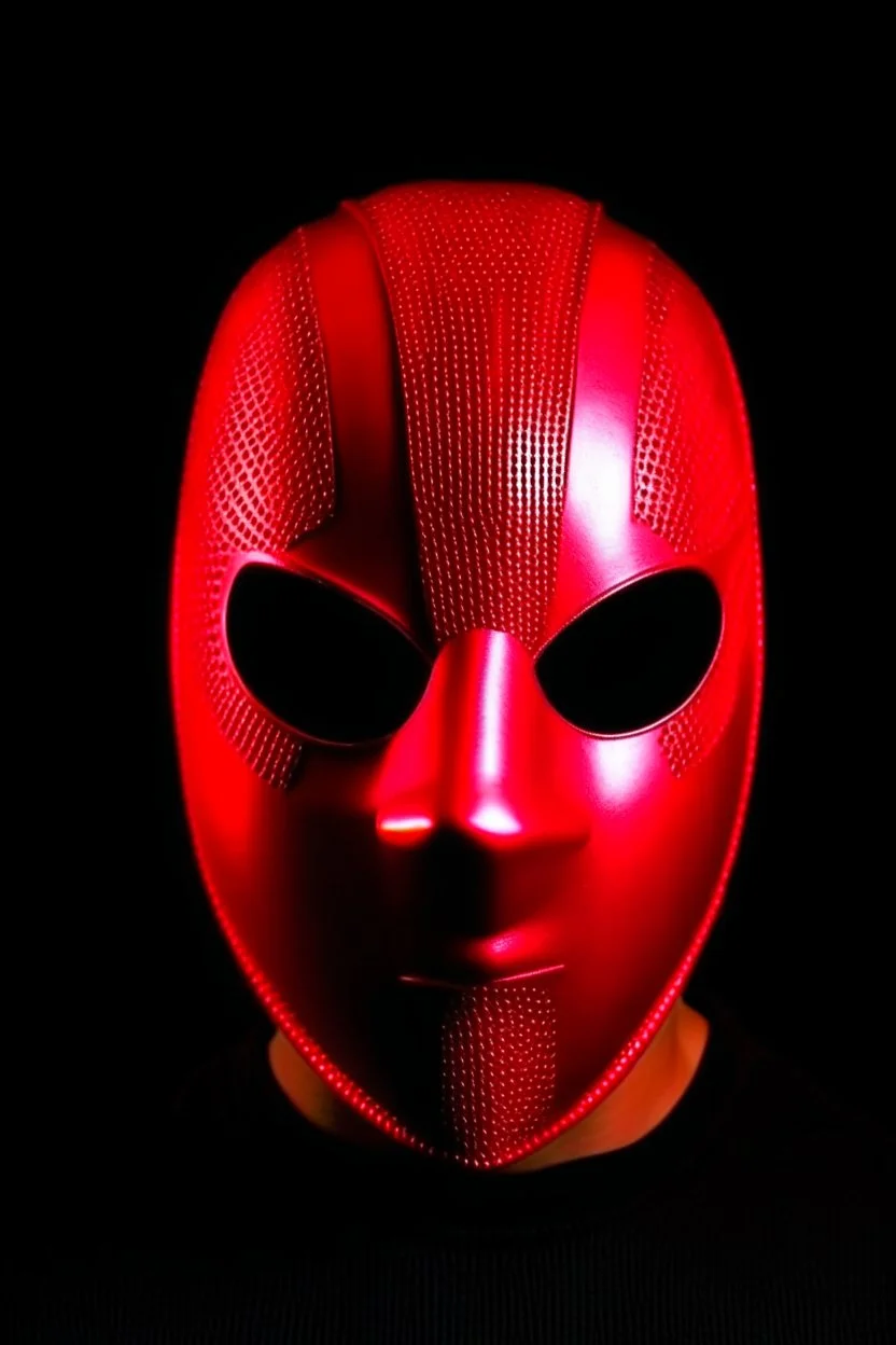 Create a metal mask that covers the full face. The eye openings should be recessed and obscure the wearer’s eyes, showing them as glowing red. It should be gunmetal gray color and have symmetrical holes over the mouth area that glow slightly red. It should be worn by a rabbit and have a black hood