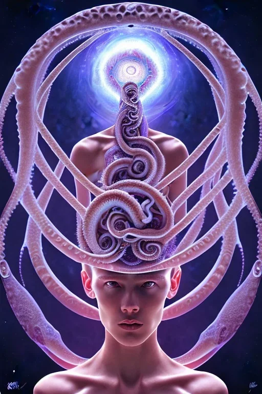 Spiritual being with Tentacles over human Head creating reality around, wrapping Spiral around Human, Psychedelic