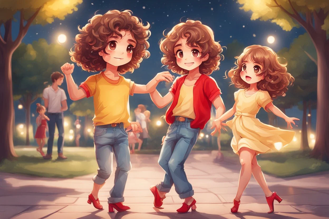 a cute chibi spanish man with short curly brown hair cropped at the back in yellow T-shirt and jeans with a cute chibi contented girl with long brown hair and brown eyes in a red elegant jumpsuit and red high heels, and a chibi girl with blonde brown hair in a beige dress dancing dynamically in Madrid in the Retino park, in the moonlight, ethereal, cinematic postprocessing, airplane in the sky