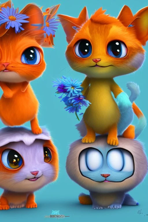 Blue and orange chibi pixar cats with big lifelike eyes and flowers