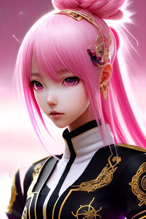 Detailed cute anime Kunoichi girl, pink hair buns, pink bangs, black latex bodysuit, intricate details, full body portrait, keep head in frame, slight smile, black Japanese motif, concept art, highly detailed, digital painting, concept art, sharp focus, illustration, art by Yoji Shinkawa, WLOP and greg rutkowski and alphonse mucha and artgerm and yanjun Chen and Junji ito and Makoto Shinkai, HDR, octane render