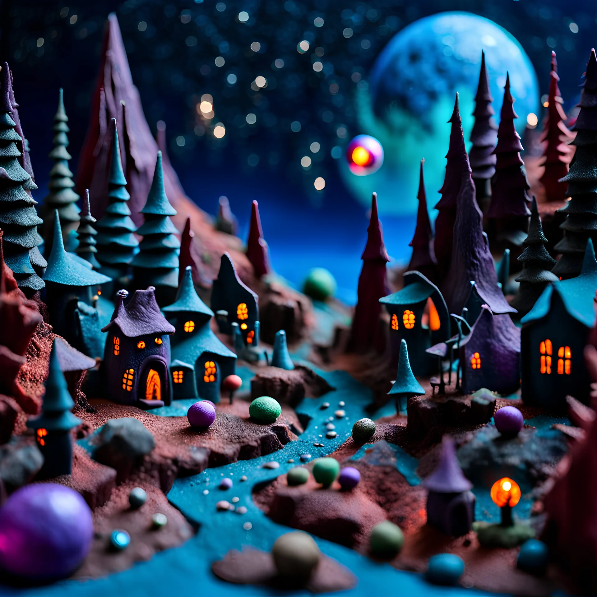 Detailed creepy landscape made of modeling clay, village, stars and planets, volumetric light, Roger Dean, naïve, Tim Burton, strong texture, Ernst Haekel, extreme detail, Max Ernst, decal, rich moody colors, sparkles, Yves Tanguy, bokeh, odd