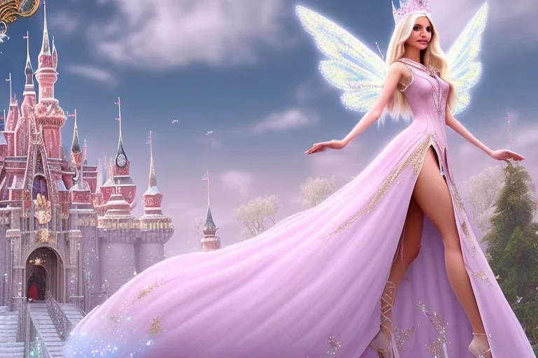 castle in background, beautiful, soft, big smiling, straight and long blonde hair, dewy and shiny atmosphere, diamond crown, long fairy wings in the back, full head, pink veil clothes