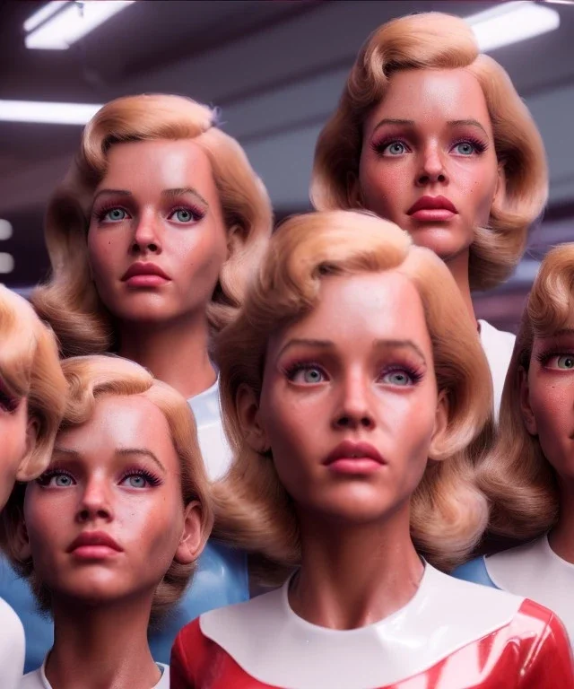 Ultra Realistic retro sci-fi movie Supermarket scene, 1960 year, waist up view portrait, 3 clones blonde women, sweet young Jane Fonda face, perfect iris, glow eyes, face makeup, tight latex coat. Supermarket place with people background, Retro sci-fi style, soft color, highly detailed, unreal engine 5, ray tracing, RTX, lumen lighting, ultra detail, volumetric lighting, 3d, finely drawn, high definition, high resolution.