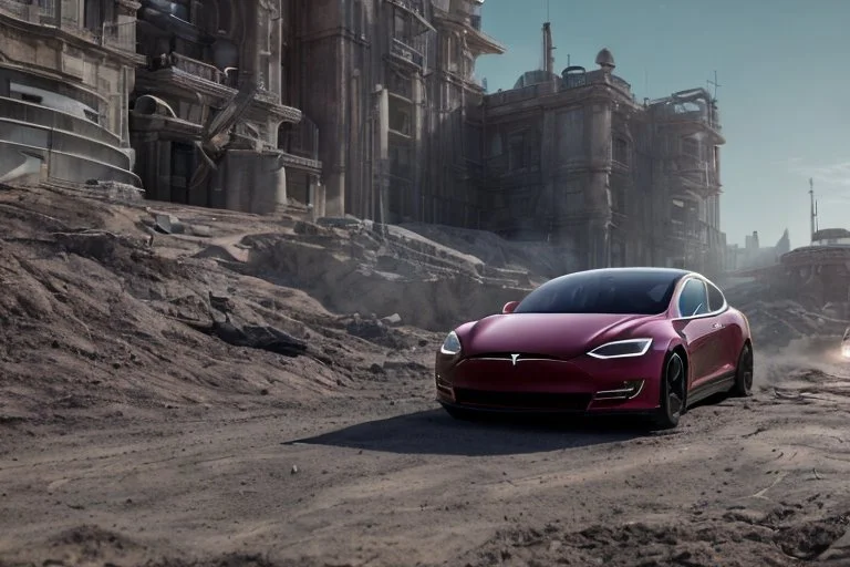 A Tesla 'Model S' is racing at top speed, within the trench of the Death Star. (CINEMATIC, WIDE ANGLE LENS, PHOTO REAL)