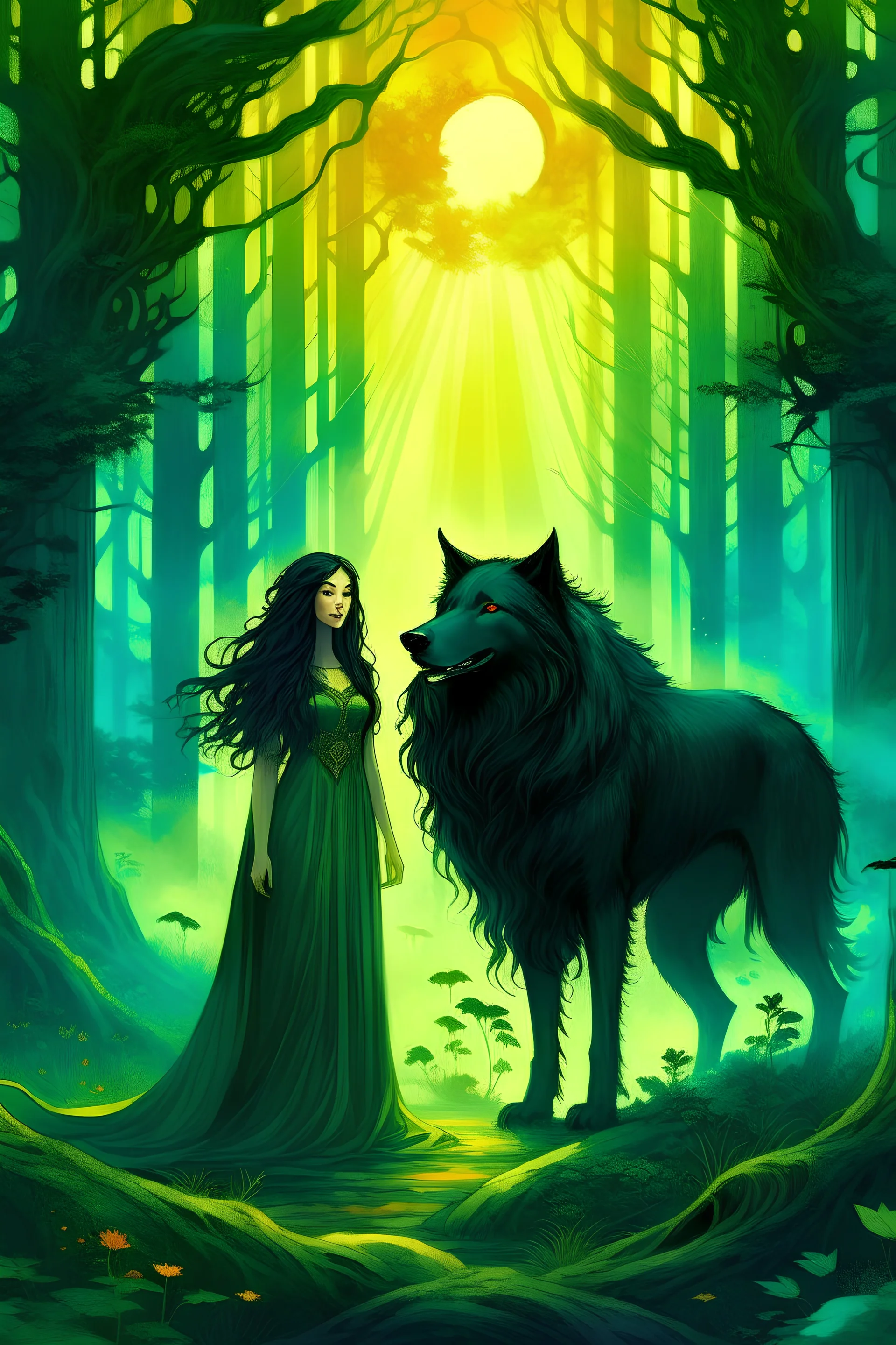 book cover, In the heart of a dense and enigmatic forest with towering ancient trees cloaked in emerald, yellow and amber foliage stood an enchanting witch possessing an ethereal allure her lustrous hair cascading in ebony waves down to her slender waist In the background a majestic canine of Belgian shepherd lineage roamed its eyes illuminated by an otherworldly crimson glow exuding an aura both mysterious and demonic