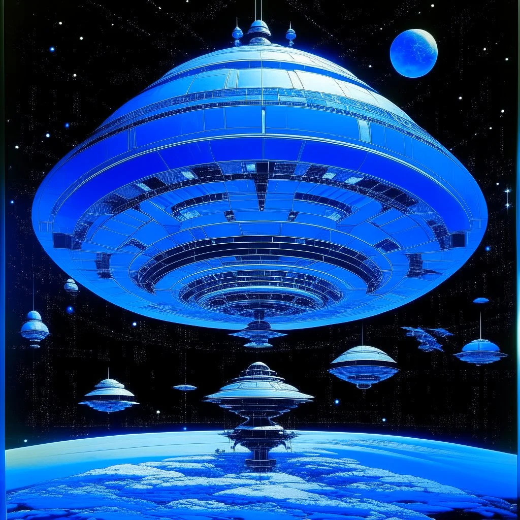 An indigo outer space with UFOs painted by Frank Lloyd Wright