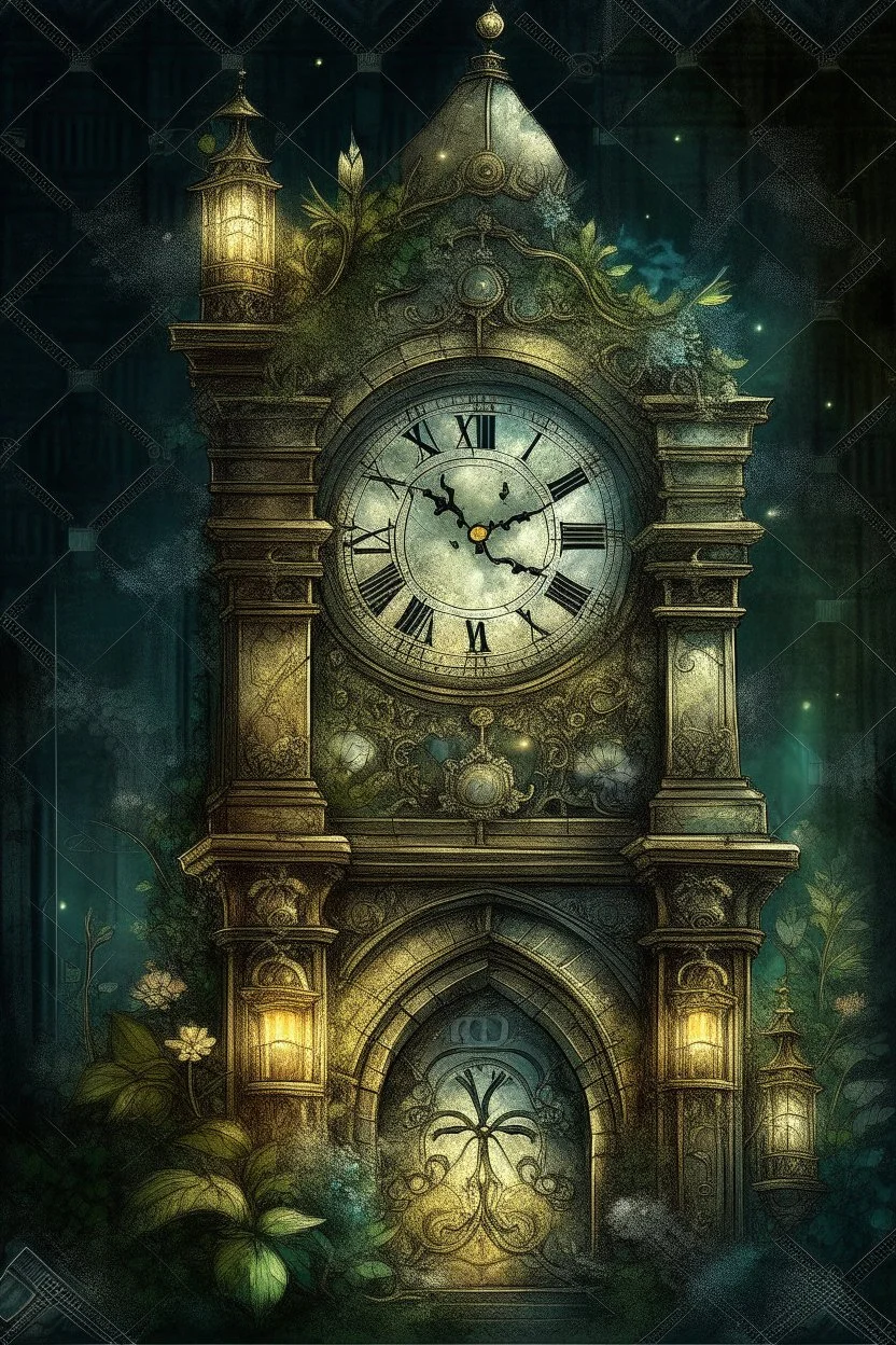 antique carved clock close-up on a stone tower covered with ivy and roses against the background of a night-time fairy-tale city, magic, magical lighting effect, illustration to a fairy tale, multilayer watercolor, fireflies, fine drawing of details with pencils, realistic, digital art, colors grey, emerald, umbra, beige, gold