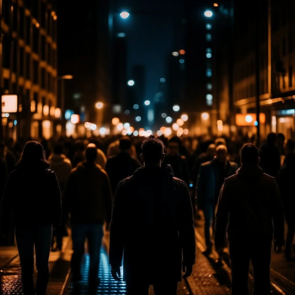 dark city at night, lots of people, blurred, focus on one person in the middle