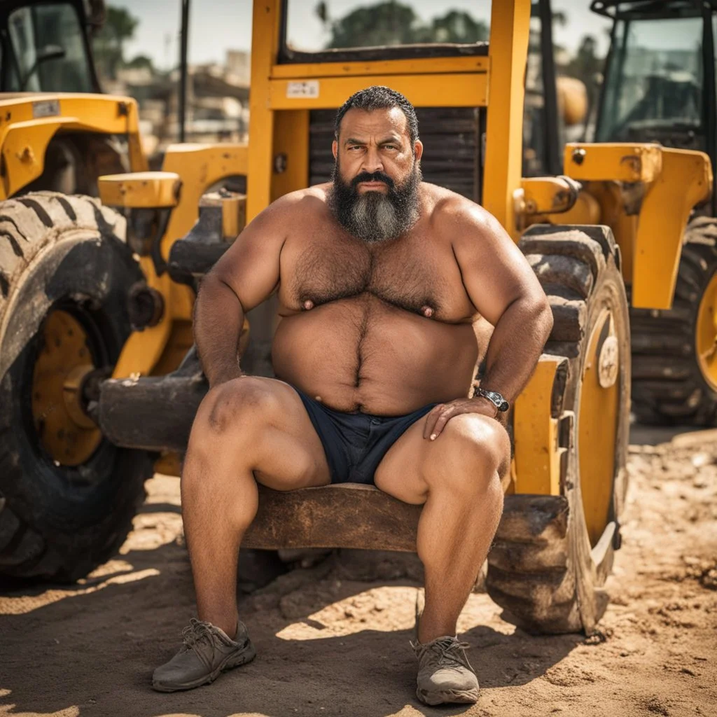 close up photography of a arab ugly burly serious wet sweaty, muscular chubby strong fat carpenter, shirtless, swimwear, bulge, manly chest, very hairy allover, big goatee 46 years old, short hair, sitting with open legs on a little chair , on a construction site in the middle of a road, under the August sun, emotional eyes, , hyper-realistic, photorealistic , frontal view from the ground