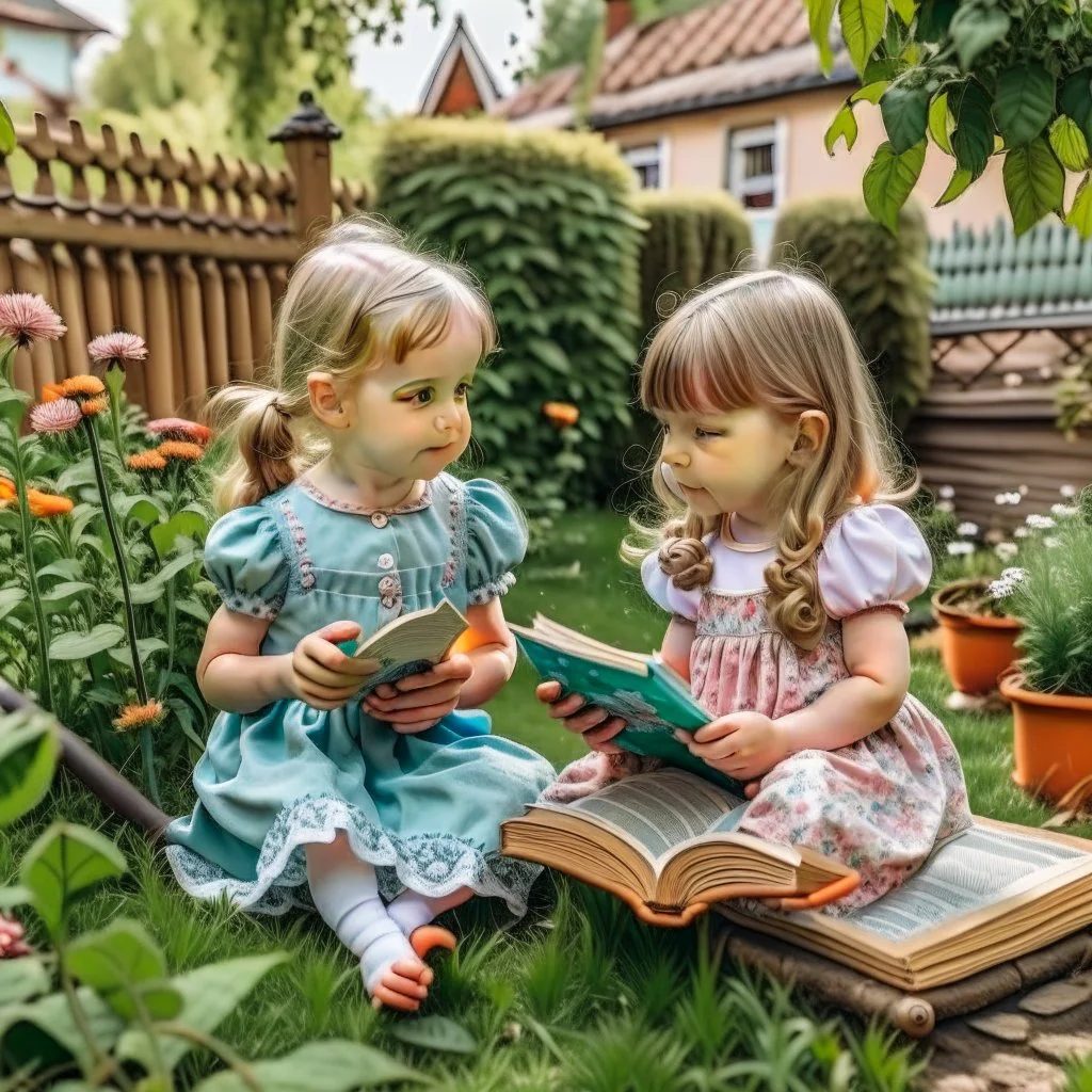 Two little girls reading story in garden