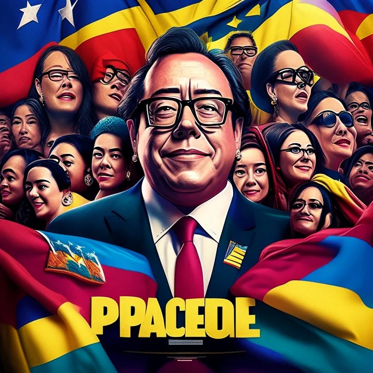 Create a Pixar-style 3D movie poster with Gustavo Petro, president of Colombia happy and surrounded by women, men and Colombian flags, with the title: "The President", ultra quality, hyper-detailed, maximalist, 8k