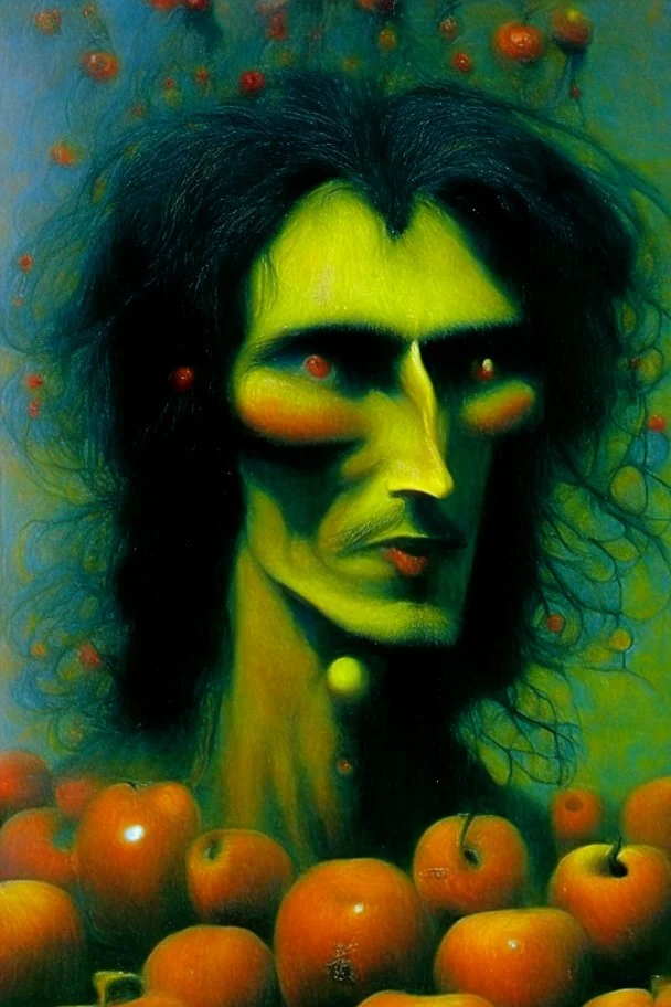 composition hair fully in focus full shot fine detailed oil painting portrait of a man with apples by artist "Zdzisław Beksiński"