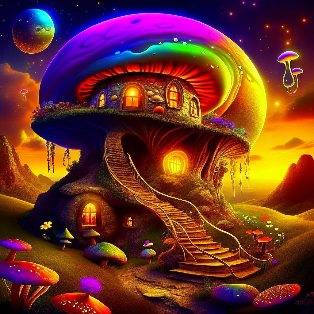 A radtastic amazeballs rainbow glowing, (((mushroom cottage))) erected atop a (grassy cliff), surrounded with imaginative (((spiraling space))), contrasted by the stark hues of a (nebulous space scape), . captured by the hand a skilled master painter with a focus on (softly textured compositions and voluminous lighting).