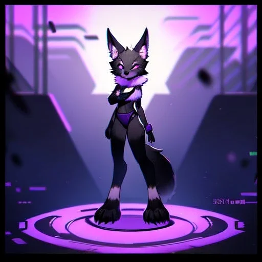 a fox fursona, darker colors, master quality, backlighting, soft lights, full body portrait, in frame, 8k, furry, fur, black and purple color pallet, robotic arm, cyberpunk, anthropomorphic, perfectly drawn face, animal legs, paws