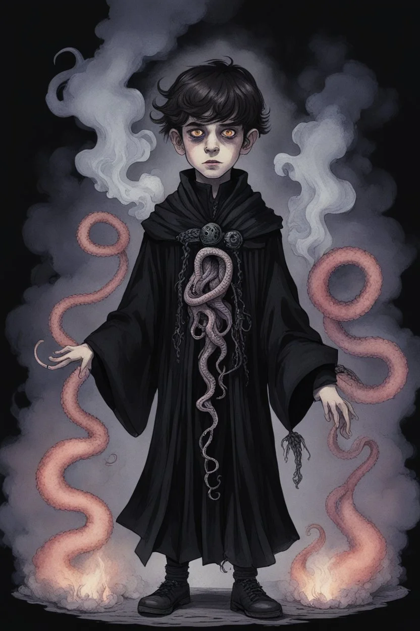 7 year old boy, necromancer, friendly, with 1 tentacle coming out of his stomach, surrounded by weird smoke with eyes, wearing black robes, in the style of Harry Clarke