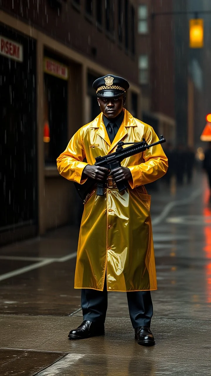 retro nypd full body color 1920 blackmen policeman wtih heavy yellow rain transparent coat with thompson riffle