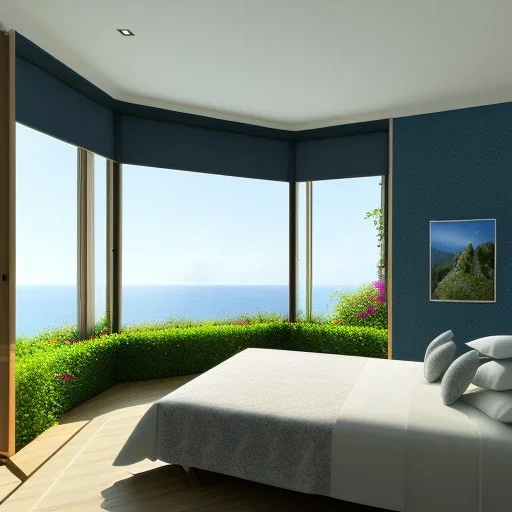 Une chambre à coucher de 4 x 3.2 metres, avec une baie vitrée de 2.70 metres, avec vue sur jardin avec la mer en bas du jardin au dessus d'une petite falaise. Décoration moyen-orientale de la chammbre.