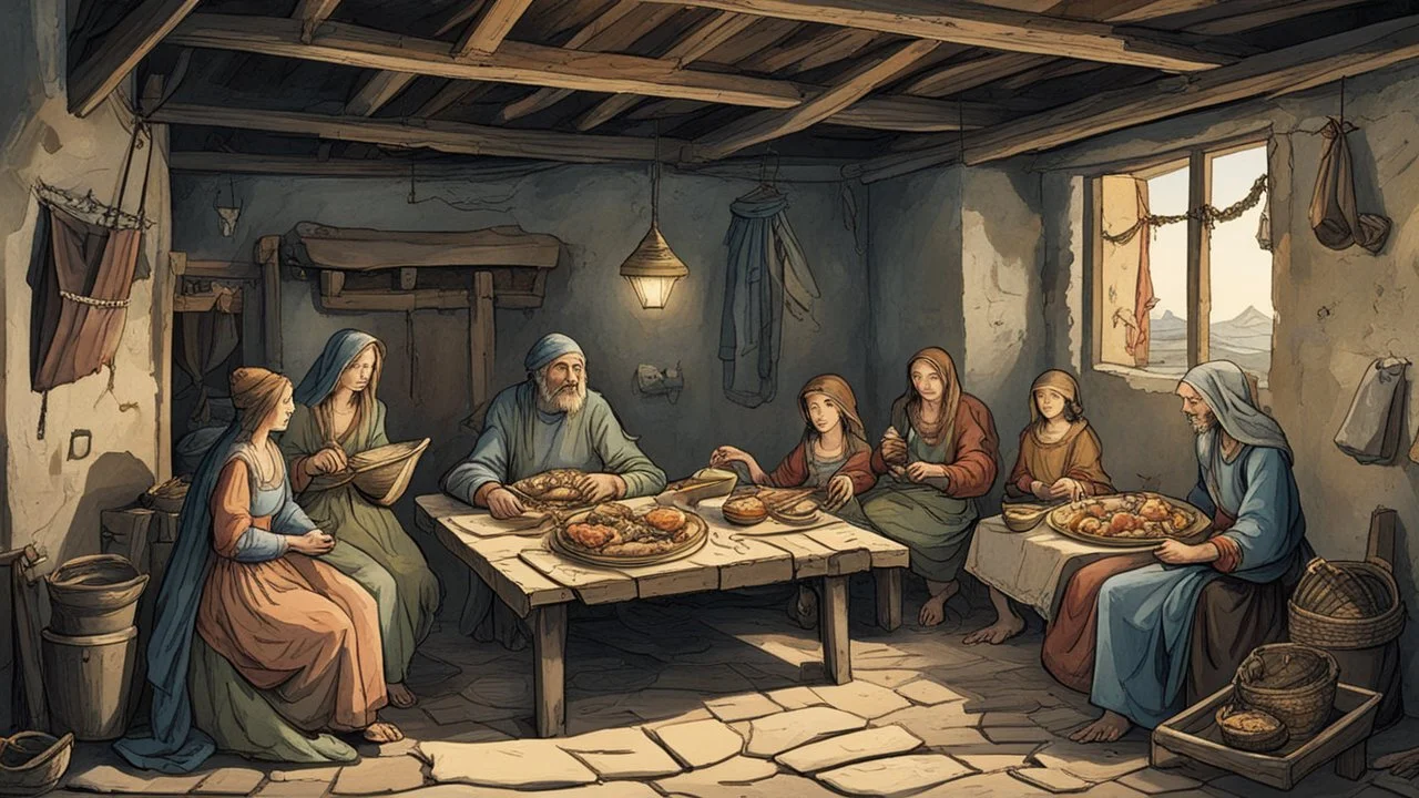 The fisherman is having dinner and a fish meal inside his poor house with his wife and three daughters in the Middle Ages