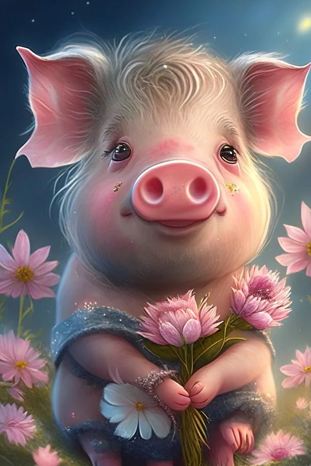 Happy and cute Scottish Highland pig with dreamy sparkling eyes, gender girl, 4K resolution quality, sitting and holding a flower, nursery art, very beautiful and highly polished, with full details, smooth edges, soft hair and cotton O, flawless facial features, stunning, whimsical fantasy, beautiful, detailed, well-rendered, cartoon, illustration