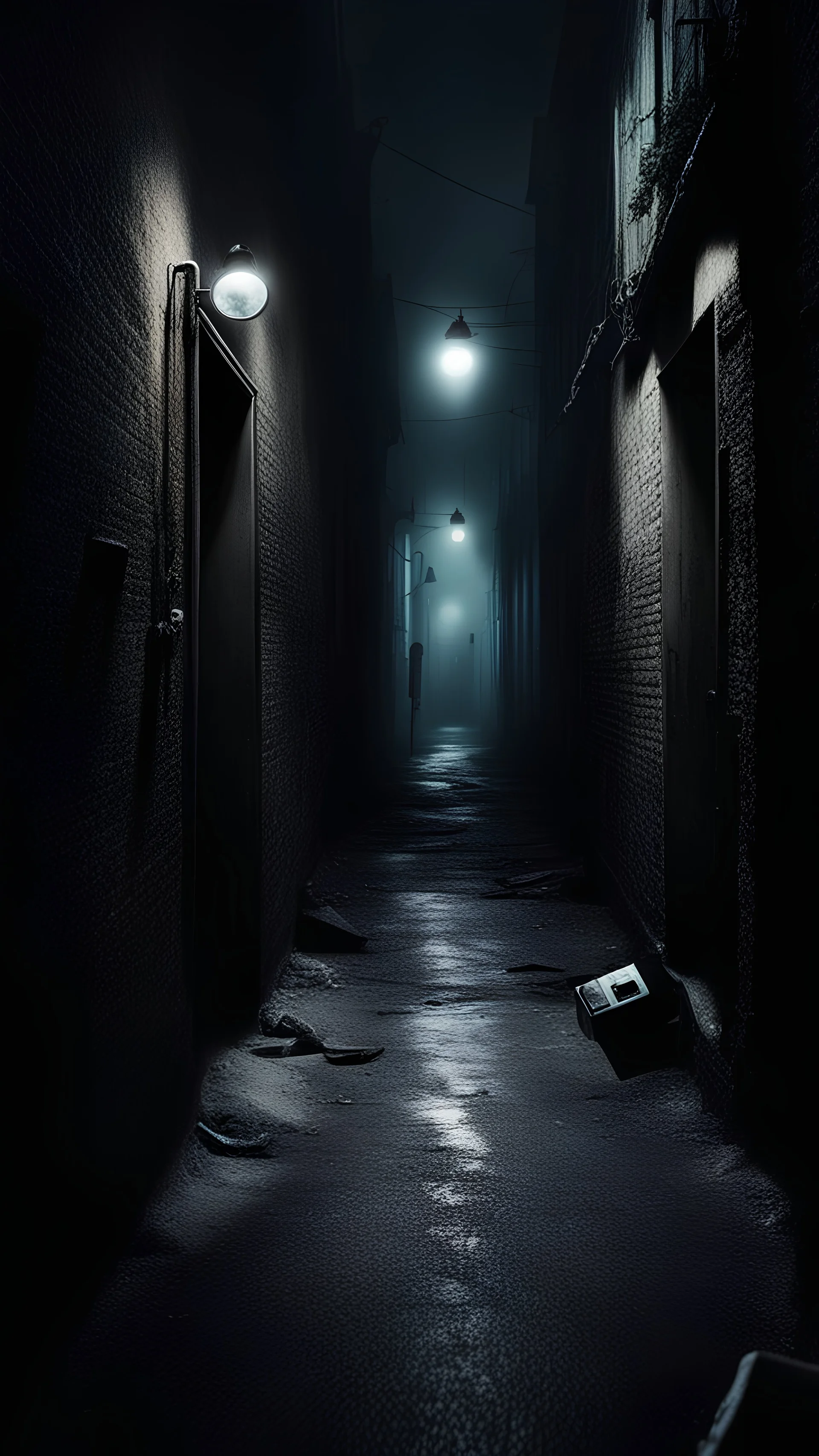 First-person view, a cell phone calls against the backdrop of a dark alley in the style of a horror film