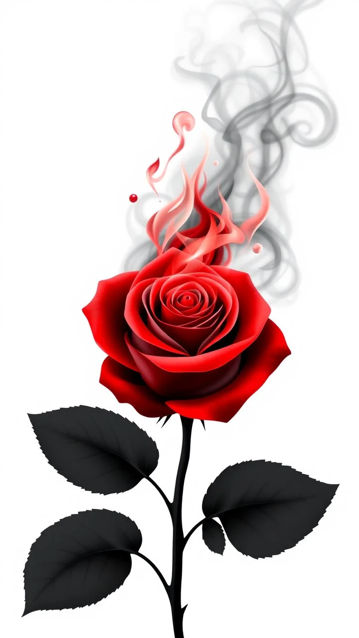 a rose where the stem and leaves(black) is made of smoke, and the flower(red) is made of smoke and flame shapes that spiral in the middle, vector