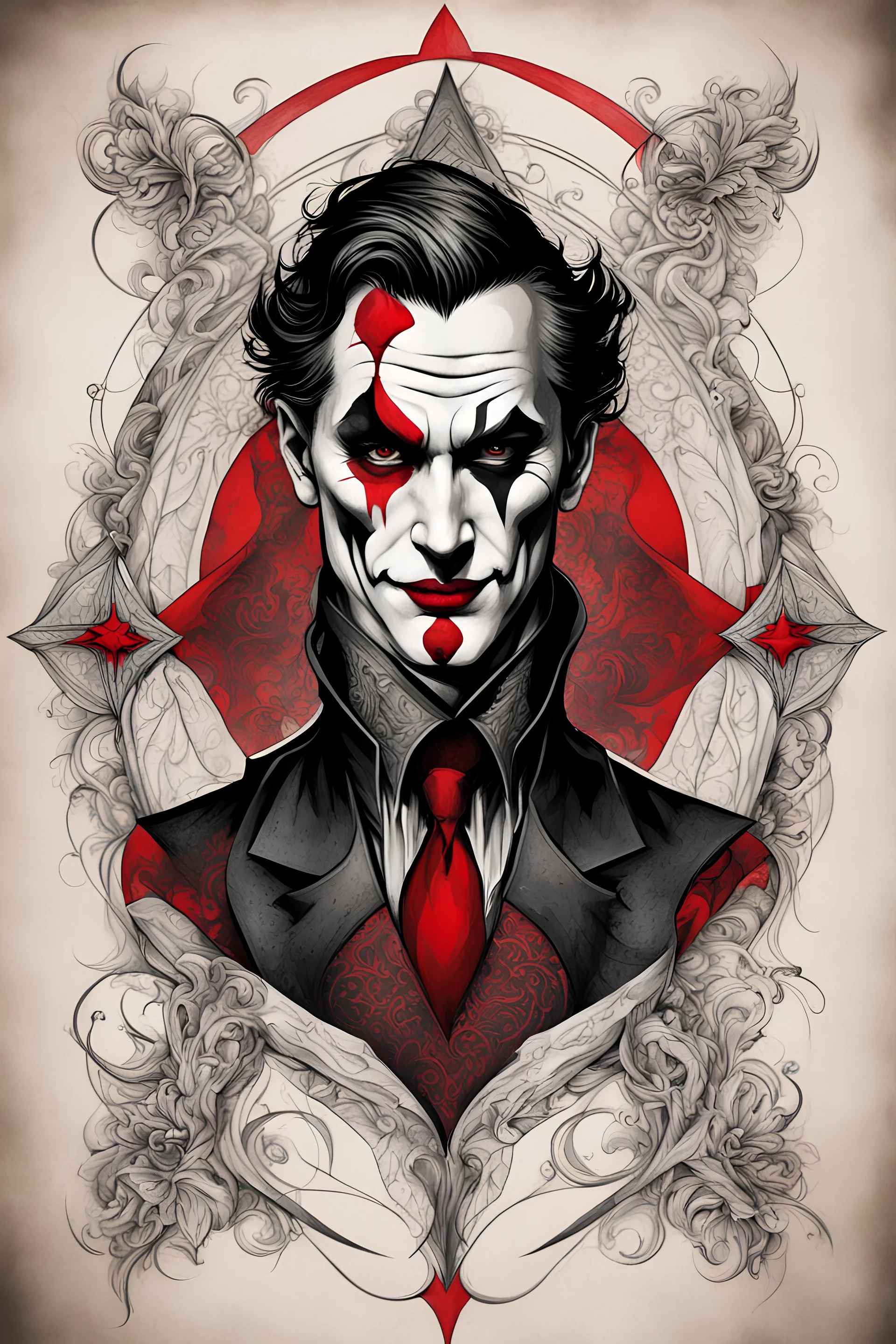 Create a captivating modern 2d black and red ink tattoo design for print , prestigious Joker using the elegant influences of medieval art style, for print, dynamic elements from fashion and design, and bold Medieval art aesthetics, framing centered in the center, distanced from the edges of the paper perimeter, perfect anatomy, bauhaus, Divine Proportion,