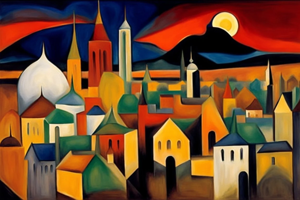 A surreal city with rivers, arches and domes by artist "Arthur Garfield Dove",by artist "Leonora Carrington",by artist "Emil Nolde"