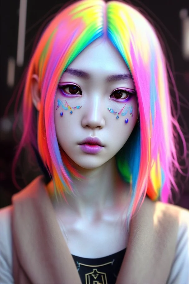 asian cool stylish, HoYeon Jung lookalike, with piercings,rainbow hair, androgynous look, epic colour treatment, cinematic colour treatment, meticulously intricate perfectly symmetrical extremely detailed, pixiv daily ranking, pixiv, extreme depth of field, artstation, spectacular details, volumetric lighting, masterpiece, cinematic, Hollywood production, 8k resolution, high definition, max octane render, vivid colors, max resolution, max perfectionism, realistic composition, professional pho