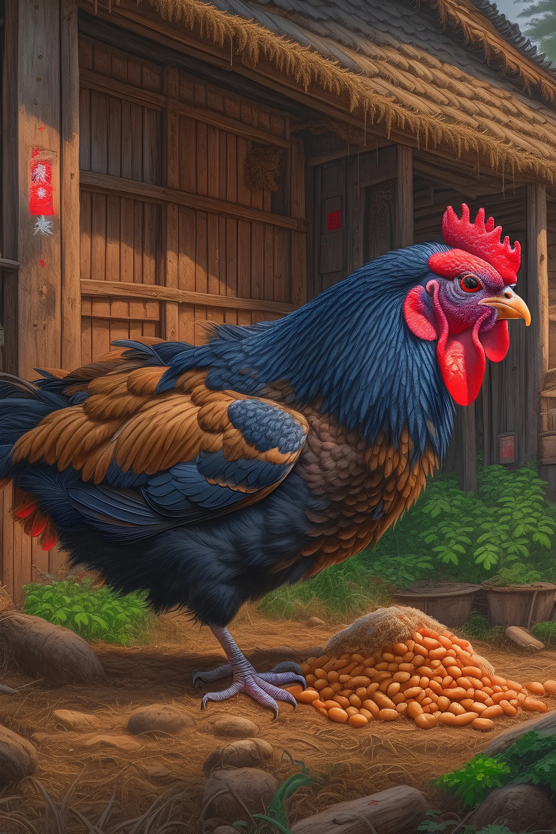 "Portrait of A chicken eating granulated feed inside a farm, by Arai Yoshimune, Simon Stålenhag, and Dan Mumford Photorealism hyperdetailed trending on Artstation 8k resolution digital illustration cel-shaded Ukiyo-e romanticism expressionism impressionist"