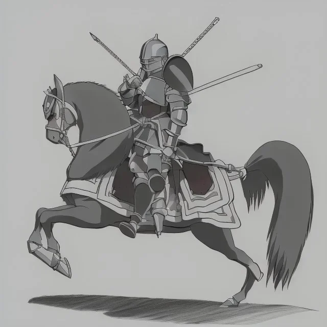 pencil sketch from side, little knight on the horse in armor with lancet charging