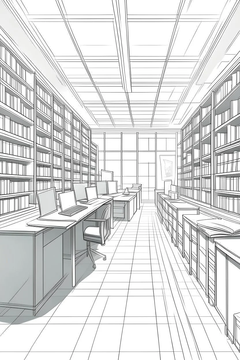 Library, state-of-the-art computers, book search. High-quality drawing, 8K