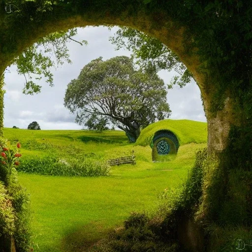 round window looking out onto lush scene of hobbiton, trees, bushes, overgrown, lush