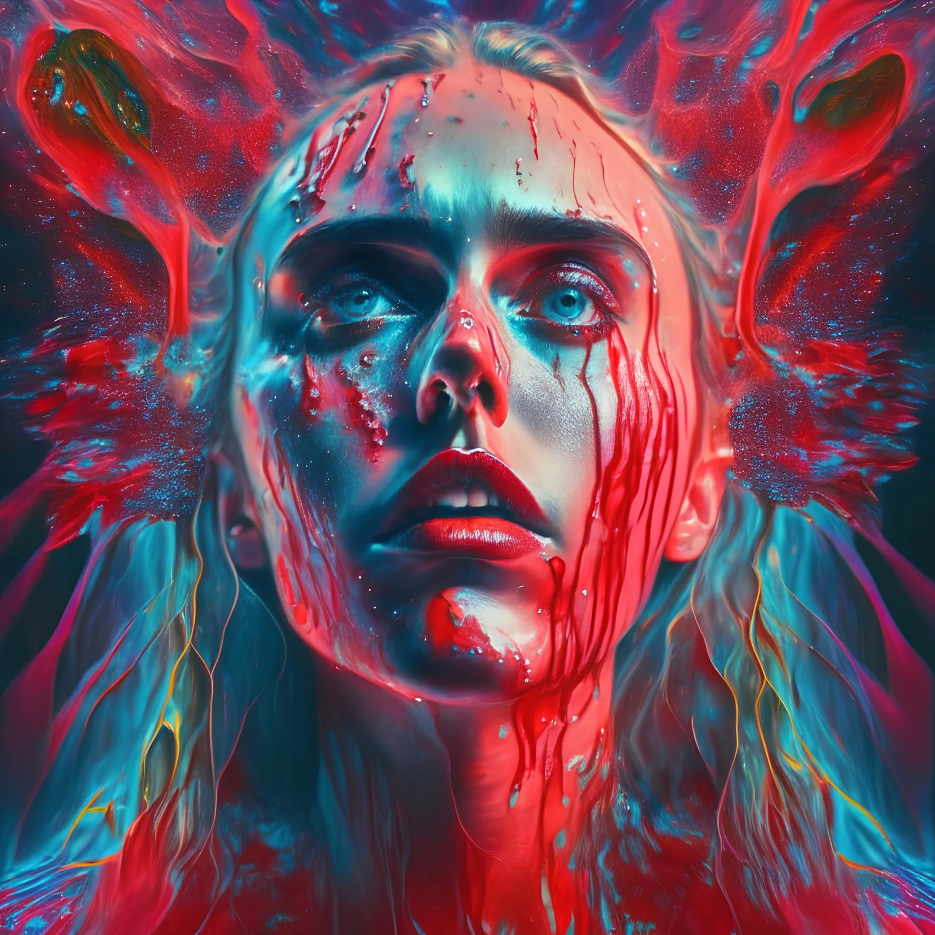 Singer Danish MØ face, blood, guts, wildflower, cosmic, futuristic, iridescent, intricate, background liquid,