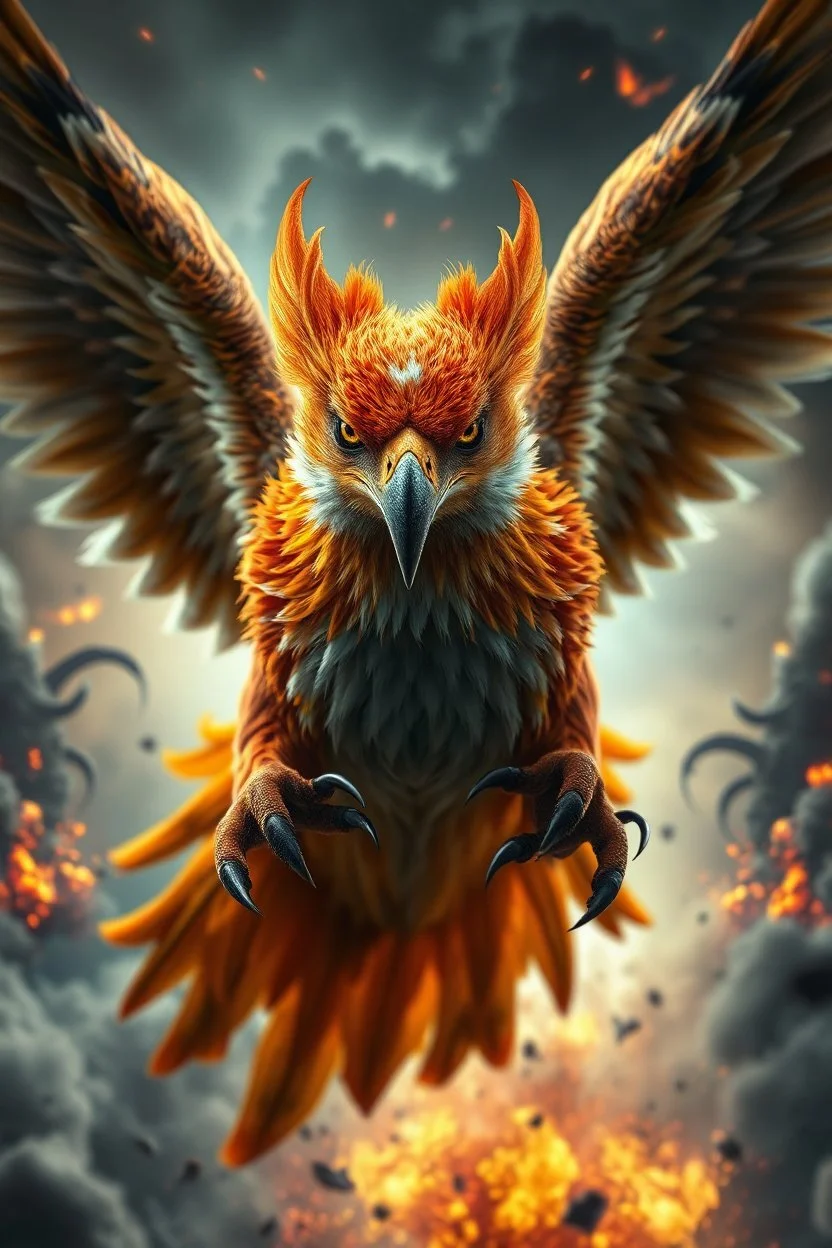 Create a ultra high definition and photorealistic image, 12k quality of a beautiful phoenix, majestic and strength showing, emphasis on texturized claws, upclose with a front view flying towards the camera, centre of an explosive and chaotic background scene of Armageddon where he is followed by demon like dark clouds in persuit trying to grab him, phoenix has striking eyes and determined look, majestic wings folded inwards in flight, bright auburn, black, white, grey and yellow colours, gothic